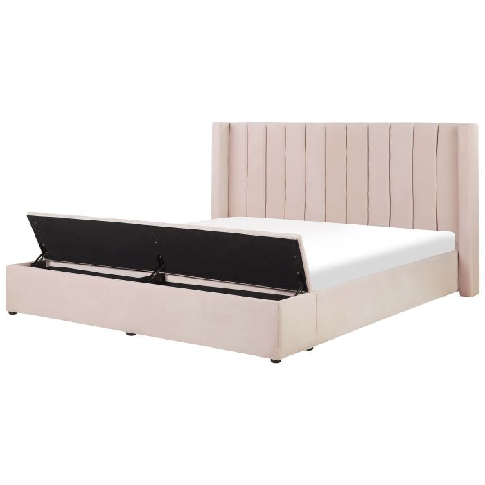 EU Super King Size Panel Bed Pastel Pink Velvet 6ft Slatted Base High Headrest with Storage Bench 