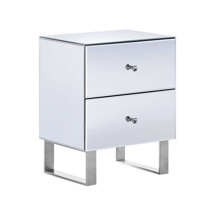 2 Drawer Bedside Table Silver Glass Mirrored Crystal Knob Metal Sled Base Storage Glam 