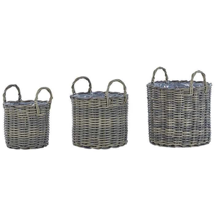 Set of 3 Plant Baskets Taupe PE Rattan Planter Pots with Lining Indoor Outdoor Use 