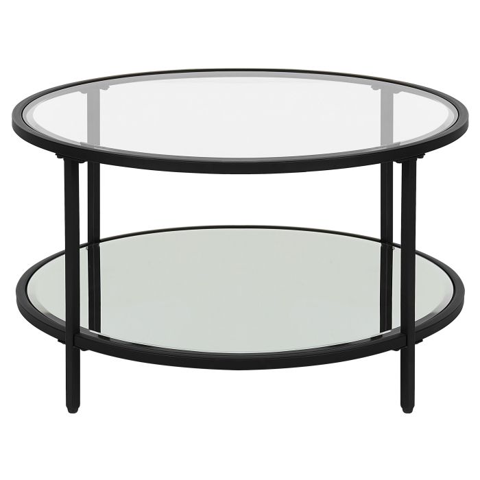 Coffee Table Black Tempered Glass Iron 70 cm with Mirrored Shelf Round Glam Modern Living Room Furniture