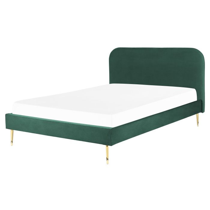 Bed Green Velvet Upholstery EU King Size Golden Legs Headboard Slatted Frame 5.3 ft Minimalist Design 