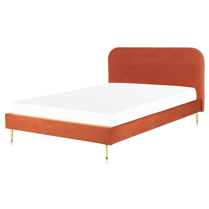Bed Orange Velvet Upholstery EU King Size Golden Legs Headboard Slatted Frame 5.3 ft Minimalist Design 