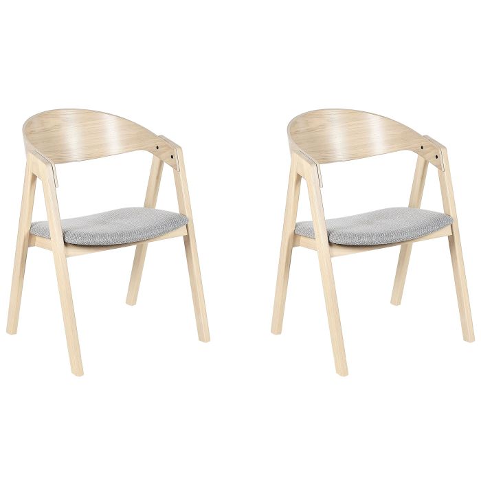 Set of 2 Dining Chairs Light Wood and Grey Plywood Polyester Fabric Rubberwood Legs Retro Traditional Style 