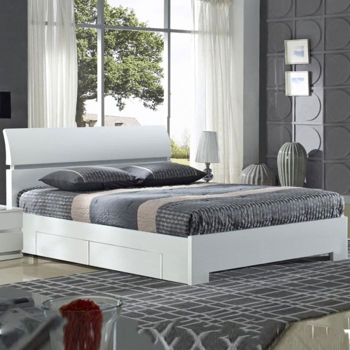 Spawn High Gloss Double Bed with 4 Drawers - White