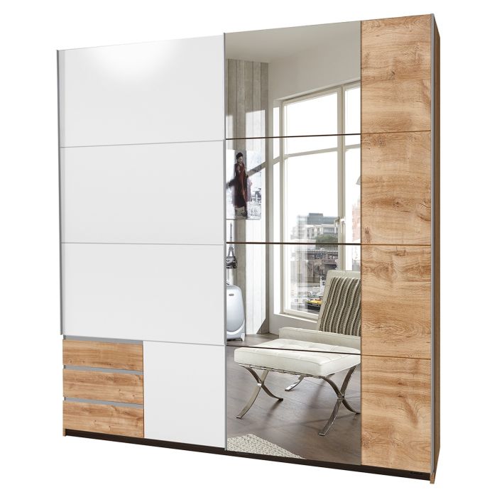 Amber Mirrored Sliding Wardrobe - Planked Oak And White