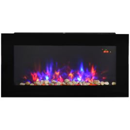 Wall Mounted 2000W Tempered Large LED Flat Glass Electric Fireplace Heater - Black