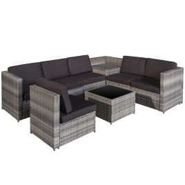6 Seater Rattan Garden Furniture Patio Rattan Sofa and Table Set with Cushions 8 pcs Corner Wicker Seat Grey