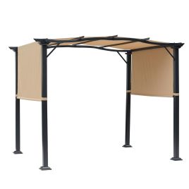 Outdoor Retractable Pergola Garden Gazebo with Two Adjustable Side Canopy Overhead Sun Shade Backyard Canopy Cover, Steel Khaki 3x2.45x2.3m