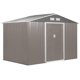 9 x 6 ft Metal Garden Storage Shed Sloped Roof Tool House with Foundation Ventilation & Double Door, Grey