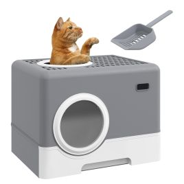 Cat Litter Box Enclosed with Lid Front Entry Top Exit, Drawer Tray, Scoop, 52L x 41W x 38.5Hcm - Grey