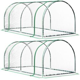 SUNVISTA Set of 2 Tunnel Greenhouse, Green Grow House with Roll-up Door, Steel Frame, Plastic Cover for Garden, Outdoor, 200 x 100 x 80cm, Clear