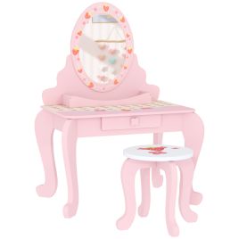 AIVAGO Kids Dressing Table Set, Vanity Table with Stool, Mirror, Drawer, Desktop Storage, Strawberry Theme, Pink