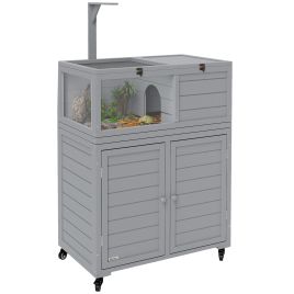 PAWSTER Wooden Tortoise House with Storage Cabinet, Openable Top, Lamp Holder, Transparent Observation Windows, Light Grey