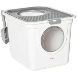 Cat Litter Box Pet Toilet Enclosed Kitten Pan w/ Front Entrance Top exit Scoop, White