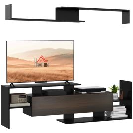 Modern TV Cabinet with Wall Shelf, TV Unit with Storage Shelf and Cabinet, for Wall-Mounted 65" TVs, Living Room Bedroom, Black and Dark Brown