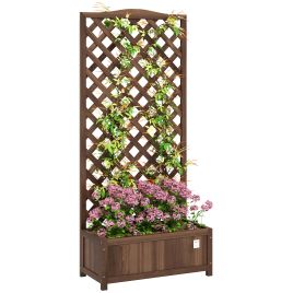 SUNVISTA 53L Garden Wooden Planter Box with Trellis Free Standing Flower Raised Bed with Lattice for Climbing Plants, 76cm x 36cm x 170cm, Dark Brown