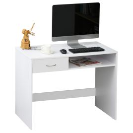 Modern Computer Work Desk Table Study w/ Shelf Drawer Standing Writing Station Display Stylish Storage Compact White
