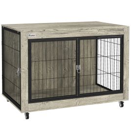 PAWSTER Dog Crate Furniture with Wheels, Double Doors, for Large Dogs, 100 x 60 x 73.5cm, Grey