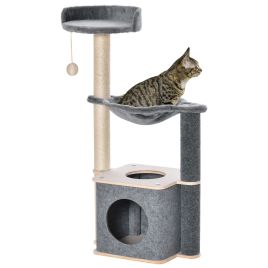 Cat Tree Cat Tower 95cm Climbing Kitten Activity Center with Sisal Scratching Post Perch Roomy Condo Hammock, Grey