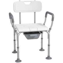 Height Adjustable Shower Stool with Arms and Back, Non-Slip Bedside Commode with Detachable Bucket, White