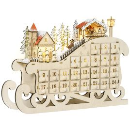 Debbie Christmas Advent Calendar, Light Up Table Xmas Wooden Sled Holiday Decoration with Countdown Drawer, Village - Natural Wood
