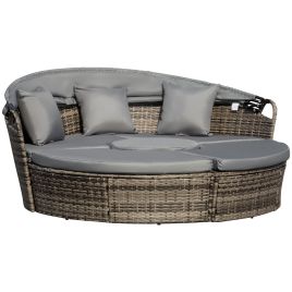 Rattan Garden Furniture Cushioned Wicker Round Sofa Bed with Coffee Table Patio Conversation Furniture Set - Grey