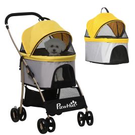 Detachable Pet Stroller, 3-In-1 Dog Cat Travel Carriage, Foldable Carrying Bag with Universal Wheel Brake Canopy Basket Storage Bag, Yellow