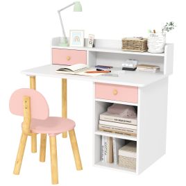 AIVAGO 2 Pieces Children Study Table with Hutch, Kids Desk and Chair Set with Storage Drawer, Shelves - Pink