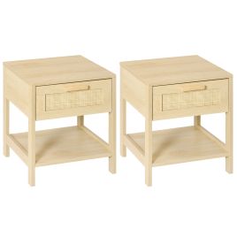 Nightstand with Rattan Drawer and Storage Shelf, Bedside End Table for Bedroom, Living Room, Set of 2
