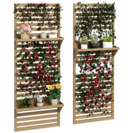 Wall Mounted Plant Stands Set of 2, Fir Wood Flower Stand with Shelves and Slatted Trellis for Patio, Balcony, Porch