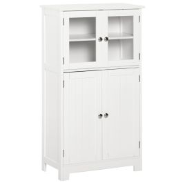 Bathroom Floor Storage Cabinet with Tempered Glass Doors and Adjustable Shelf, Free Standing Organizer for Living Room Entryway, White
