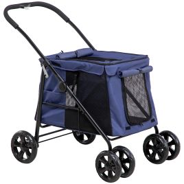 One-Click Foldable Pet Stroller, Dog Cat Travel Pushchair w/ EVA Wheels, Storage Bags, Mesh Windows, Doors, Safety Leash, Cushion Dark Blue