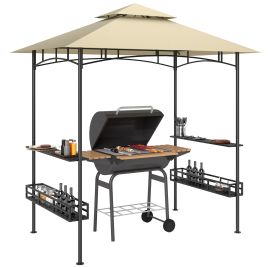 SUNVISTA 8' x 5' Grill Gazebo Canopy, Double Tiered Outdoor BBQ Gazebo Shelter with 2 Side Shelves, Storage Baskets, Hook for Garden, Patio, Beige