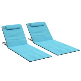 Metal Frame PE Fabric 2 Pieces Outdoor Beach Reclining Chair Set w/ Pillow Light Blue