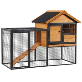 Wood Metal Rabbit Hutch Elevated Rabbit Cage with Slide Out Tray - Light Yellow, Black