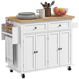 HERON Rolling Kitchen Island Storage Trolley with Rubber Wood Top & Drawers for Dining Room, White