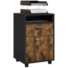HERON 60cm Filing Cabinet with Drawer, Open Shelf, Metal Handles and 4 Wheels, Office Home Organiser Mobile Printer, Rustic Brown