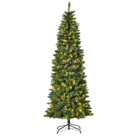 Debbie 7FT Prelit Artificial Pencil Christmas Tree with Warm White LED Light, Red Berry, Holiday Home Xmas Decoration - Green
