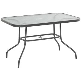 Glass Top Garden Table Curved Metal Frame w/ Parasol Hole 4 Legs Outdoor Balcony Sturdy Friends Family Dining Table -Grey