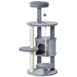 Cat Tree Tower 112cm Climbing Kitten Activity Center with Jute Scratching Post Perch Hanging Ball Toy Teasing Rope Dark grey