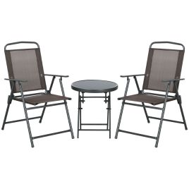 3 Pcs Garden Table and Chairs, Outdoor Bistro Set, Patio Conversation Furniture Set w/ Foldable Armchairs & Glass Top Coffee Table, Brown