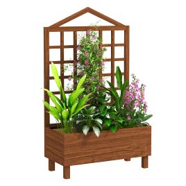SUNVISTA Garden Planters with Trellis for Vine Climbing, Distressed Wooden Raised Beds, 90x43x150cm, Brown