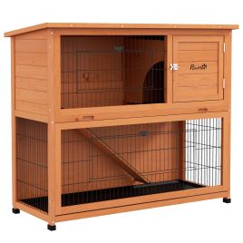 2 Tier Antiseptic Wood Rabbit Hutch with Run Outdoor Orange