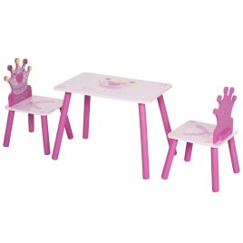 3-Pcs Kids Wooden Table and Chair Set with Crown Design - Pink