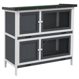 Double Decker Rabbit Hutch with Sliding Tray - Grey