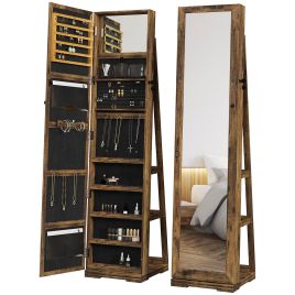 HERON 360degree Swivel Jewellery Cabinet, Mirror Armoire, Full Length Mirror, Lockable Jewellery Organiser with Built-In Small Mirror, Rustic Brown