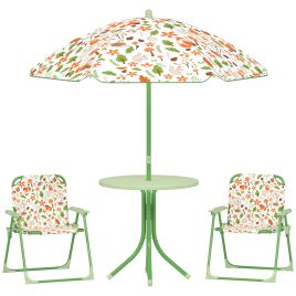 AIVAGO 4 Pieces Kids Garden Table and Chair Set with Adjustable Parasol, Folding Chairs, Table, Fox Pattern, Green