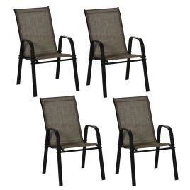 4 Piece Stackable Outdoor Garden Dining Chairs with High Backrest and Armrest, Breathable Mesh Fabric, Mixed Brown