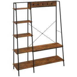 Free-Standing Hallway Unit with Shoe Rack Hooks and Shelves - Brown