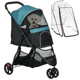 Foldable Pet Stroller with Rain Cover for XS and S-Sized Dogs Dark Green